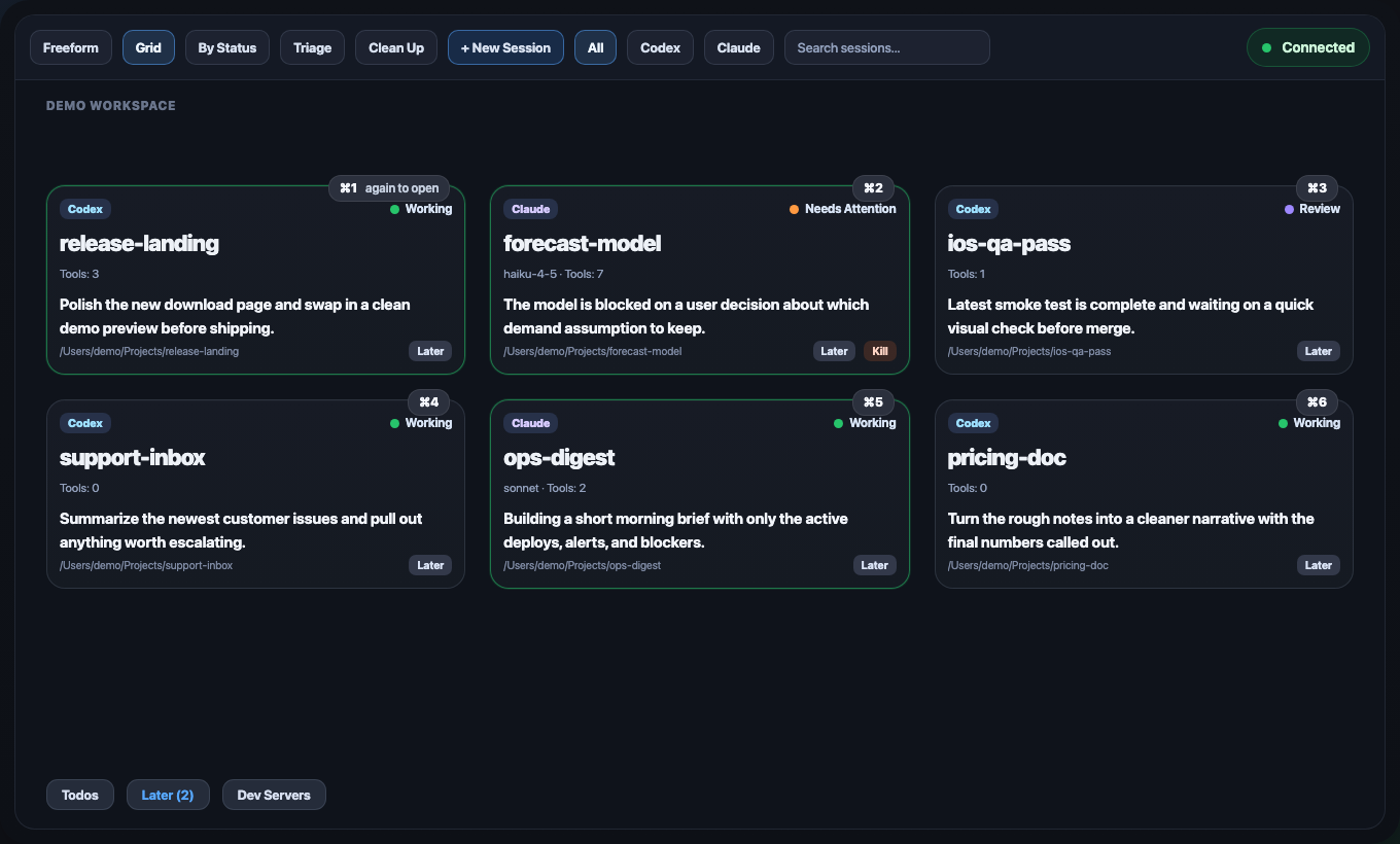 Demo screenshot of Spatial Agent Dashboard showing Claude and Codex sessions in a grid